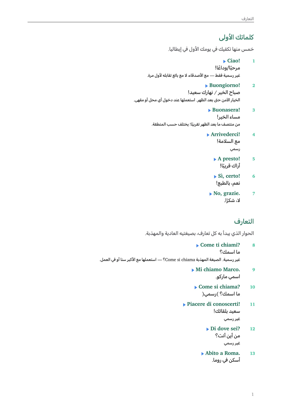 50 عبارة إيطالية أساسية — 1/4